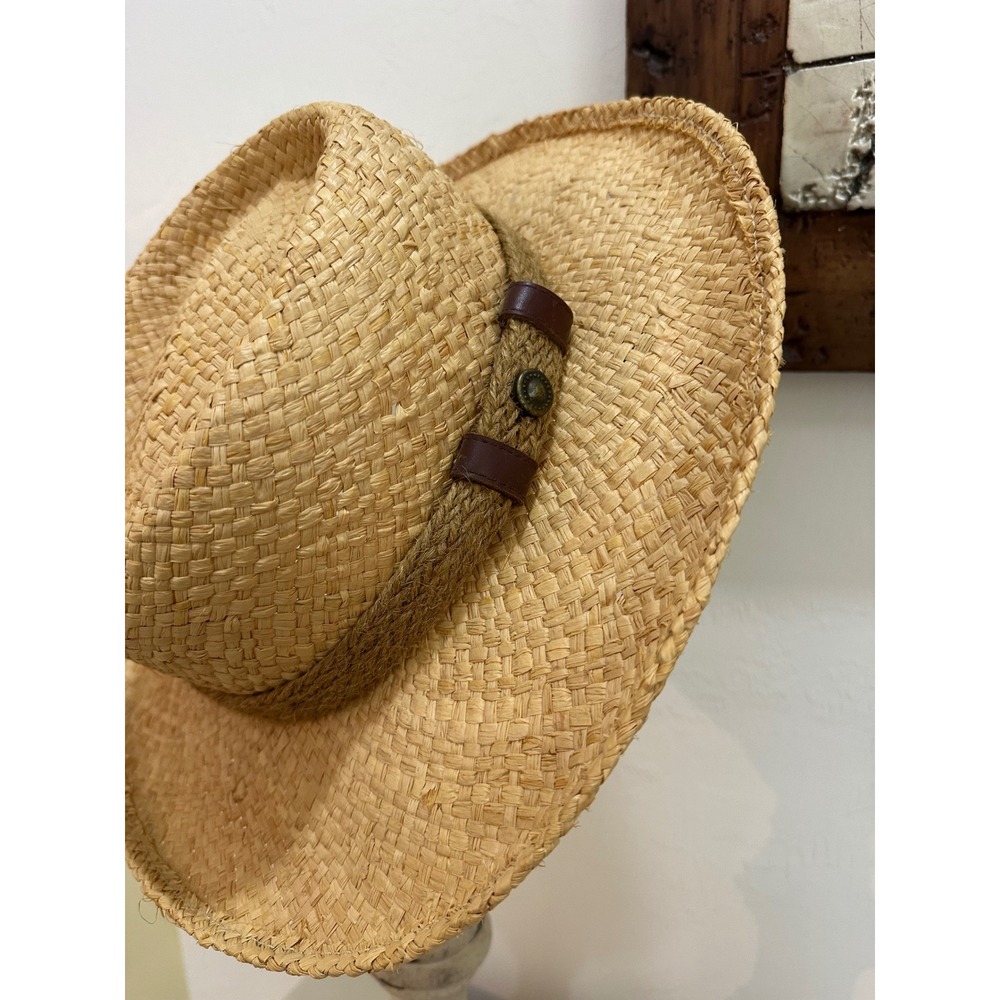 Dorfman Pacific Genuine Raffia Straw Fedora Hat Rope Band Tan Medium